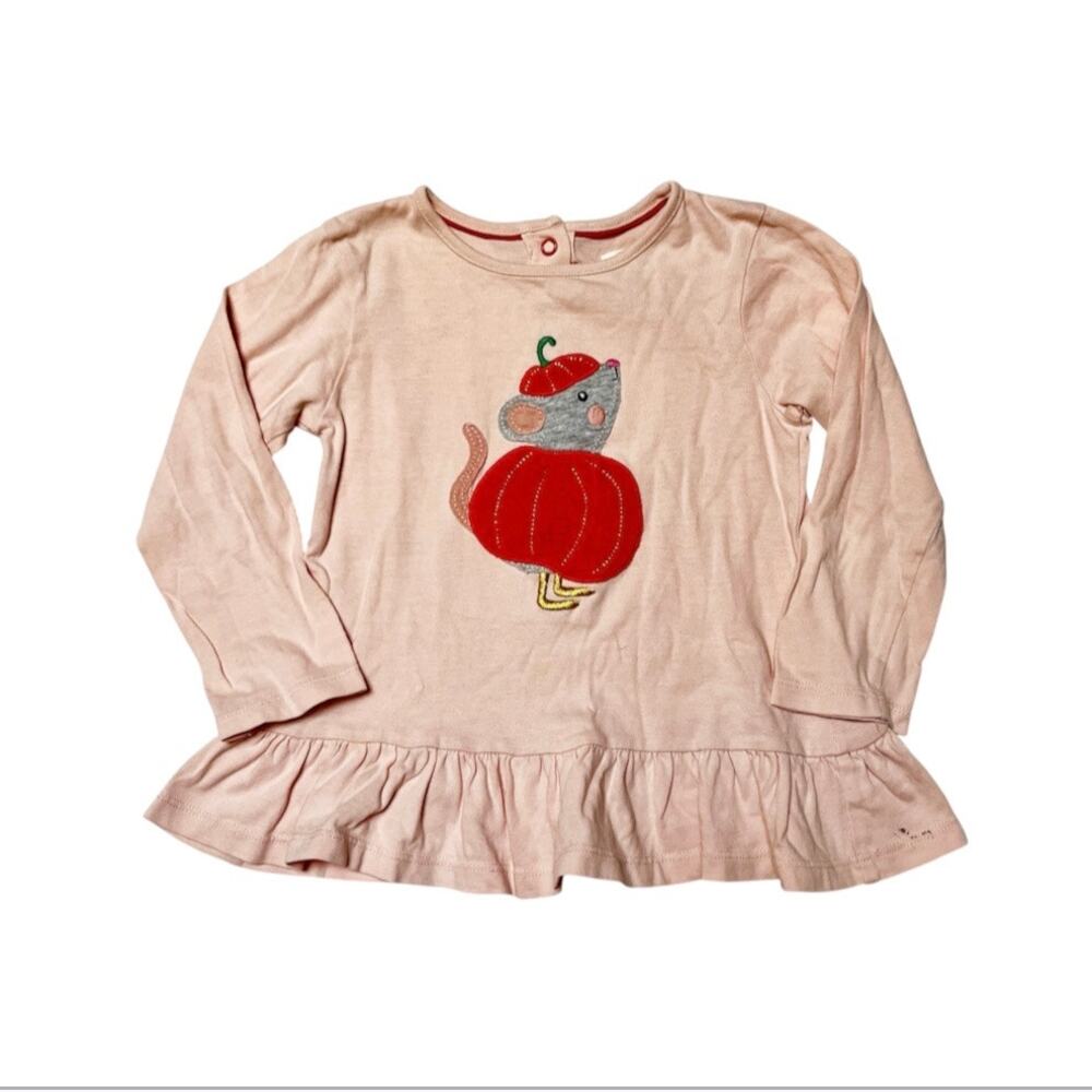Baby Boden Pumpkin Mouse Appliqué Peplum Shirt Size 2/3